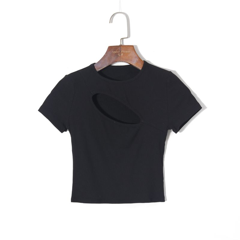 

2025 Summer Women clothes Korean Style Simple Solid round Neck Pullover Short sleeve Sexy Hollow Slim fit Stretch Comfortable T-shirt Black S