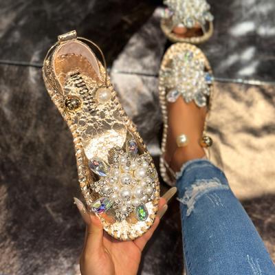Women Sandals New Crystal Flower Sandals Women Summer Round Toe Shoes Outdoor Flat Heel Bling Big Size Luxury Shoes for Women