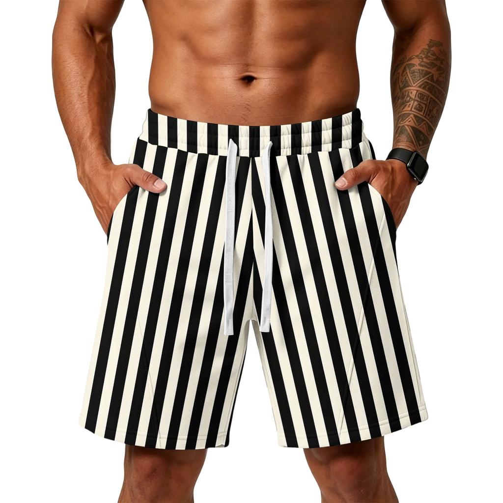 Herren Gestreifte Print Locker Trainings-Gym-Strandshorts mit Taschen und verstellbarem Kordelzugbund