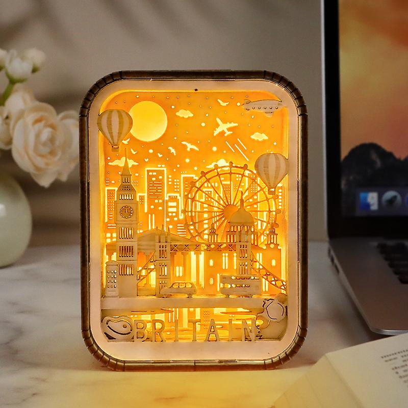 The English Channel Modern Wood Table Lamp 3D Hollow Carving Usb Bedside Lamp Bedroom Night Lamp Light Fixture Kid Brithday Gift