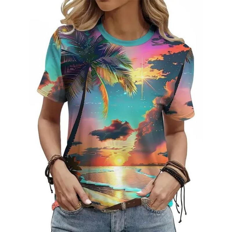 Módní Trendy Značkový Temperament Všestranný Dojíždění Tištěný Vzor Dámské Tričko s Krátkým Rukávem a Kulatým Výstřihem