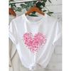 European Sizes Women'S White Casual Short-Sleeve Round-Neck T-Shirt - Pink Heart-Shaped Letter Printed Top, Medium Elasticity, Machine Washable,