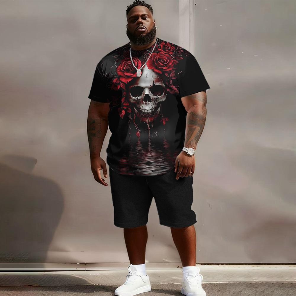 Men's Suit - Skull Colorblock Short-sleeved T-shirt and Shorts Two-piece Set