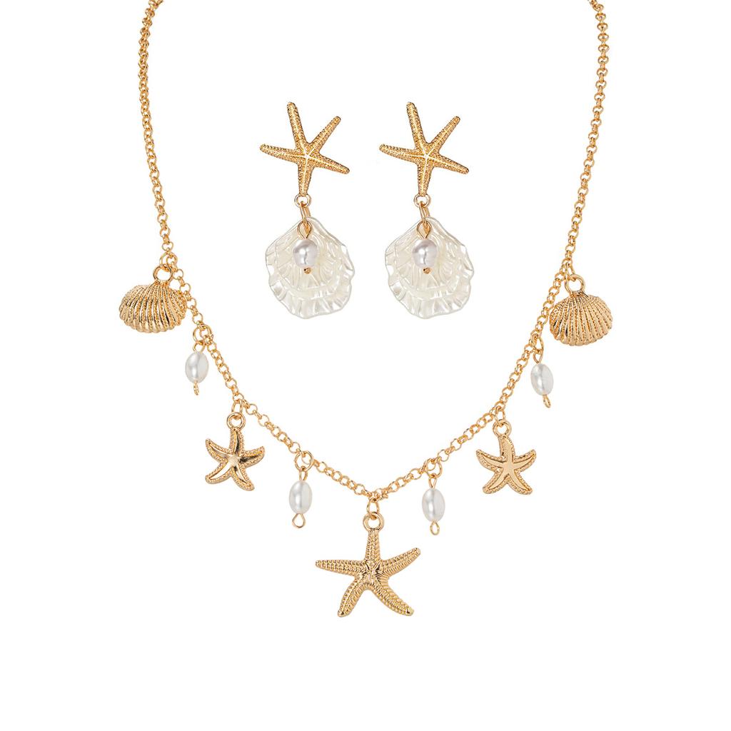 1 Pair of Earrings+1 Necklace Vacation Style Alloy Starfish Shell Pendant Necklace Flower Earrings Versatile Women's Bead Set