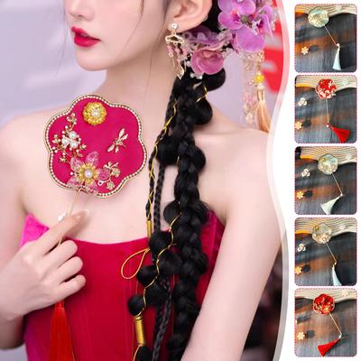 Chinese Style Embroidery Fan With Ancient Style Long Handle Tassel Mini Wedding Fan Chinese Hanfu Cheongsam Dance Hand Fan