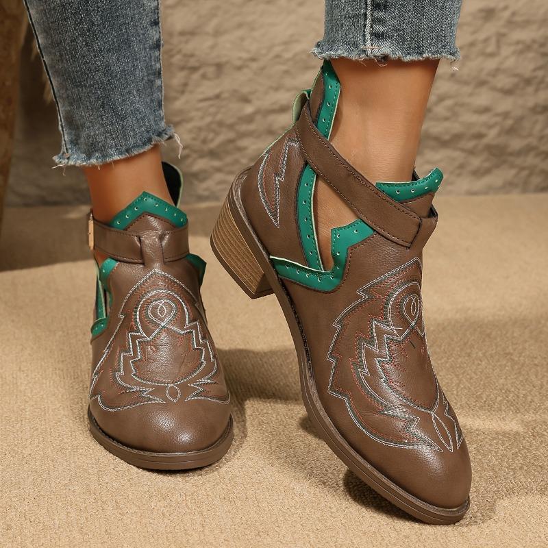 Large Size Autumn Women's Belt Buckle Martin Boots Vintage Pointed Heel Embroidered Women's Boots