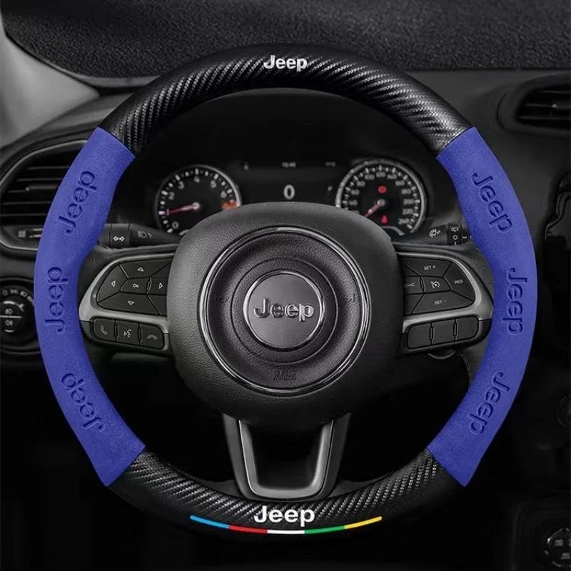 AQI1  Carbon Fiber Suede Car Steering Wheel Cover Anti Slip Car Interior Accessories For Jeep Wrangler Grand Cherokee Compass Renegade