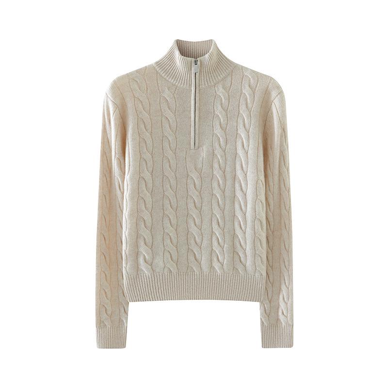 Women's High Neck Twisted Cashmere Sweater 2024: Retro Half-Zip Knitwear, Thickened Wool, Autumn/Winter Collection