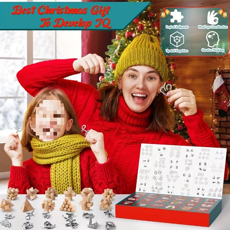 Brain Teaser Advent Calendar 2025,24 Days of Christmas Countdown Calendar With 3D Metal and Wooden Puzzle Toys-Mind,IQ,Logic Test Games For Boys Girl