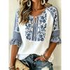 Damen Weiße & Blaue Ethnische Blumenprint-Bluse mit Bindekragen, Lässige Lockere Tops für Frühling Sommer Alltag & Urlaubsanlässe
