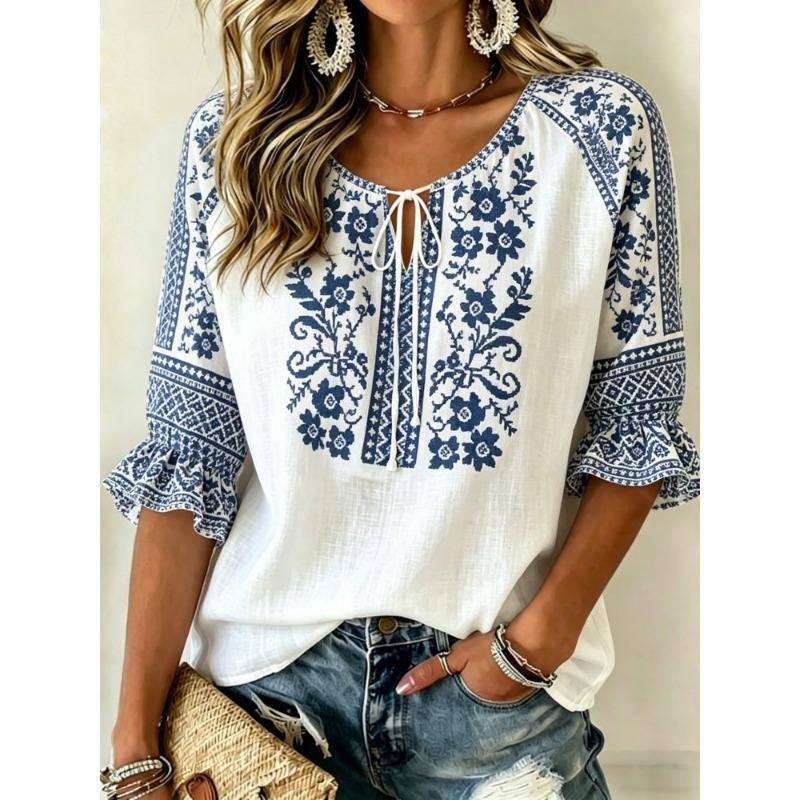 Damen Weiße & Blaue Ethnische Blumenprint-Bluse mit Bindekragen, Lässige Lockere Tops für Frühling Sommer Alltag & Urlaubsanlässe