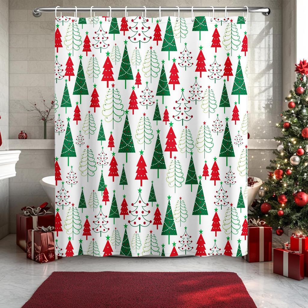 Christmas Tree Shower Curtain Green Red Xmas Trees Shower Curtains for Bathroom Decorations New Year Holiday Bathroom Curtain