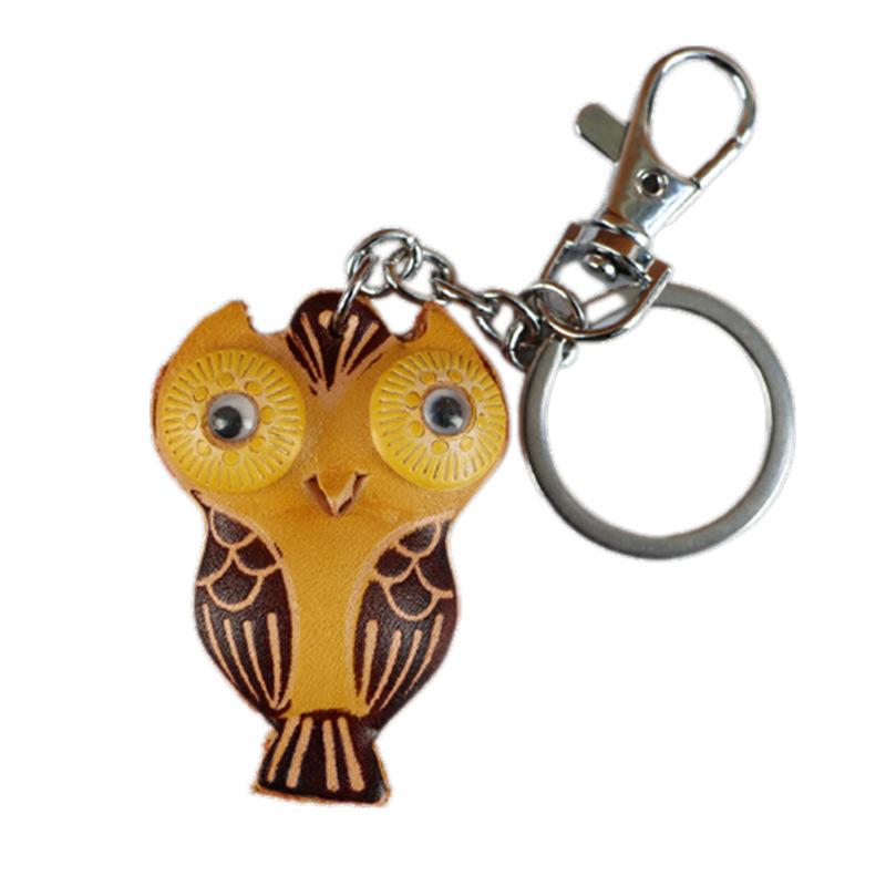 First Layer Cowhide Creative Owl Bag Car Keychain Pendant Animal Doll Jewelry Cute Little Gift