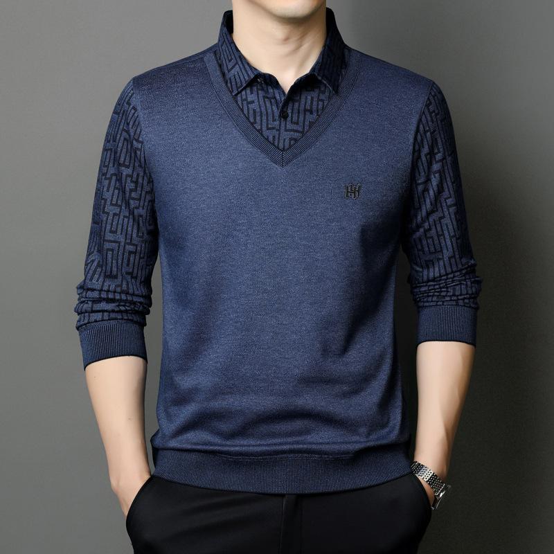 Höst Ny Stil Skjortkrage Tröja Casual Herr Mellanålders Mode Enkel Pullover Herrtröja Falska Två Delar