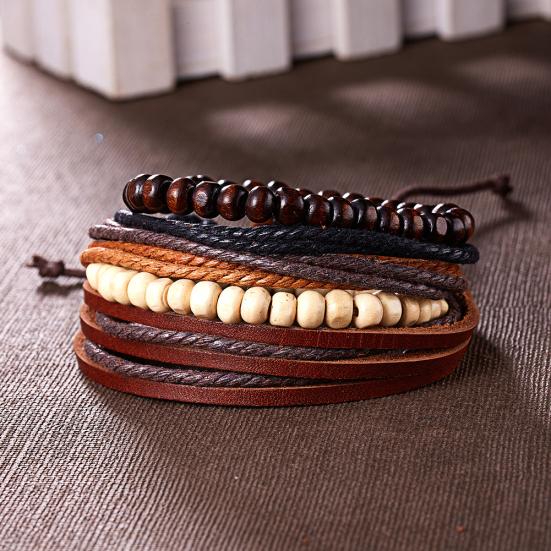 4Pcs/Set Vintage Men Mixed Style Braided Faux Leather Beaded Bracelet Bangle