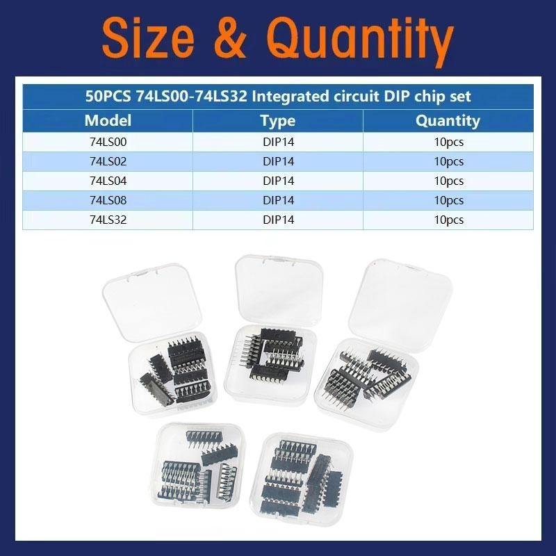 

50 шт/коробка Набір логічних ІС 74HC00 74HC02 74HC04 74HC08 74HC32 74LS00 74LS02 74LS04 74LS08 74LS32 DIP-14 Серія 74HC / 74LS Набори ІС 74LS-5valuex10pcs-kit