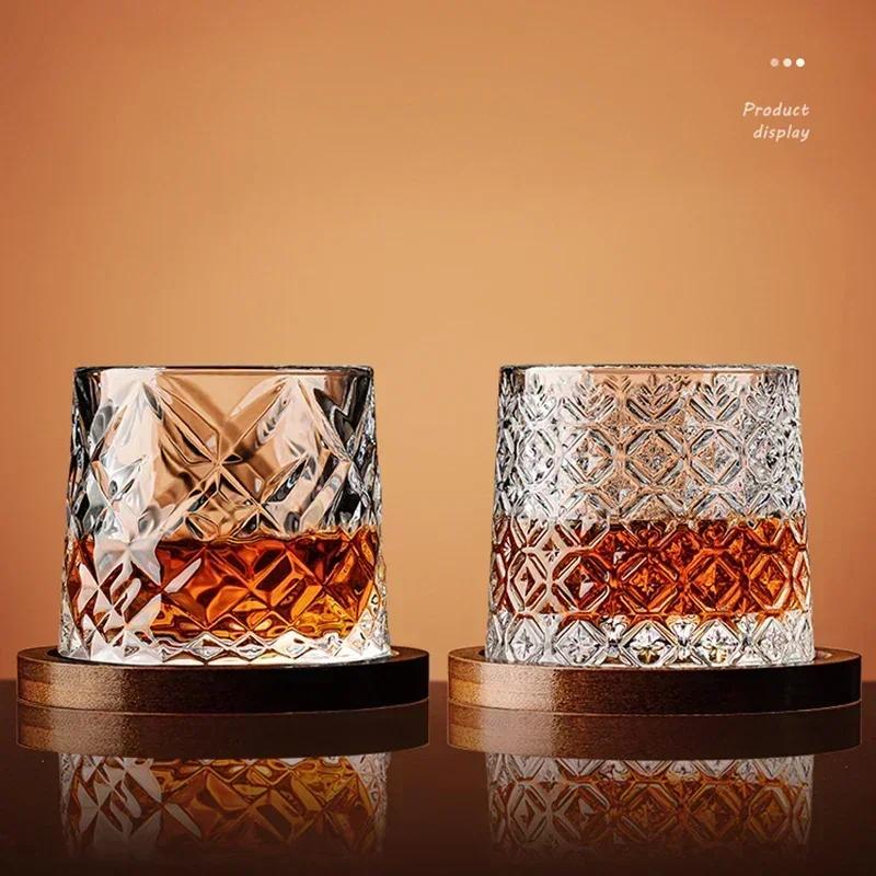 Retro Rotierendes Whiskyglas mit Bambusuntersetzer Kreisel Stressabbau Weingläser Homebar Trinkutensilien