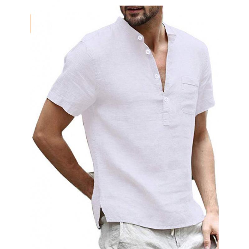 Pure Cotton Short-Sleeve Shirt New Summer Style Stand-Up Collar Cotton-Linen Short-Sleeve Men S Shirt M белый