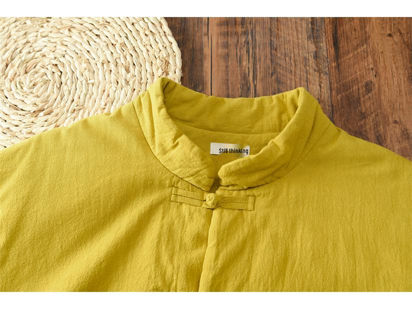 Winter Retro Chinese Cotton-Linen Women’s Coat - Solid Color, Stand Collar, Frog Button, Thickened Warm Jacket