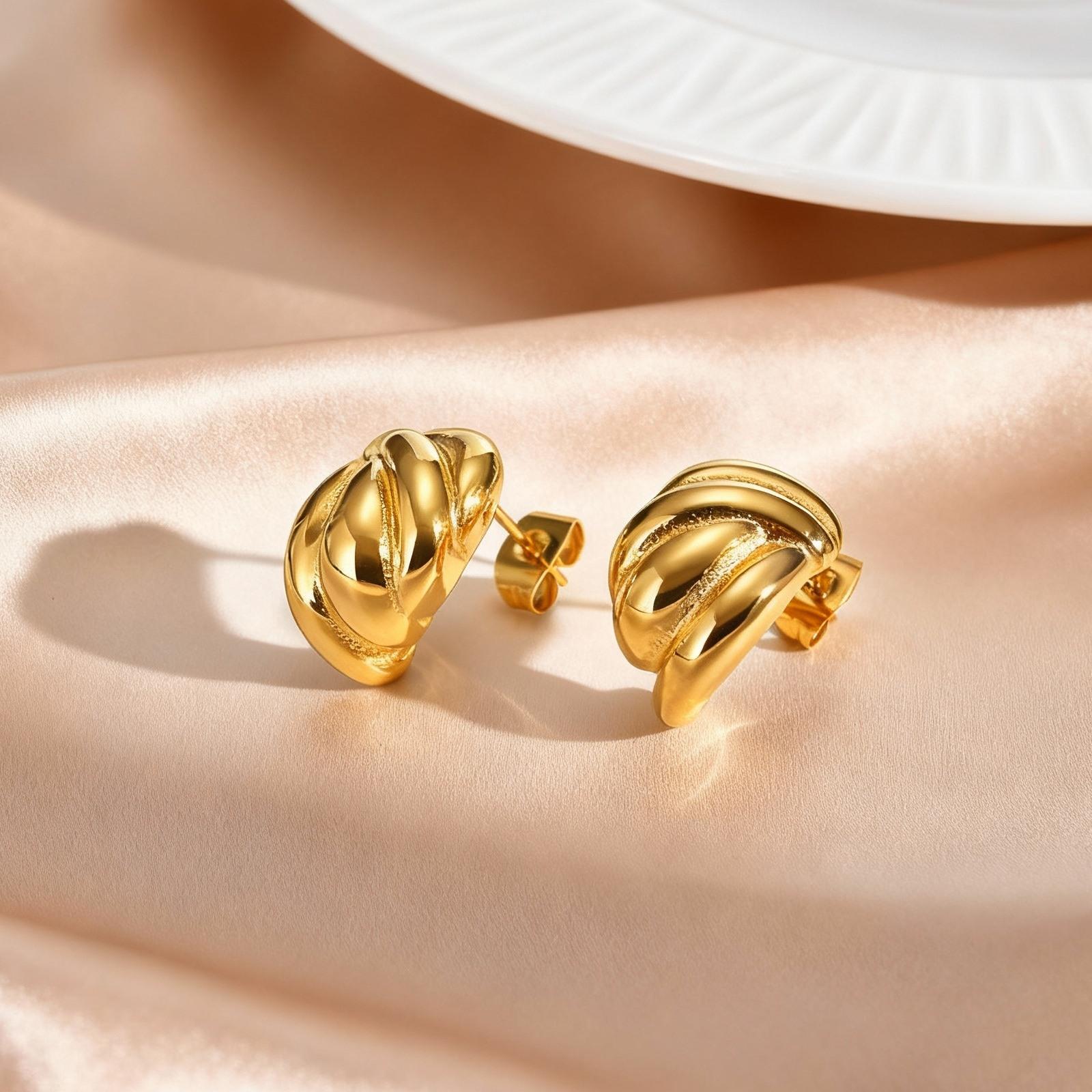 Unique Design Geometric Twist Texture Stud Earrings for Women, Stainless Steel Gold Plated Fashion Ear Jewelry Wholesale Gift