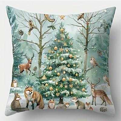 Home Decor Christmas Winter Forest & Snow Creatures Pattern Cushion Cover Suitable For Sofa Bedroom Car Pillow Cover
