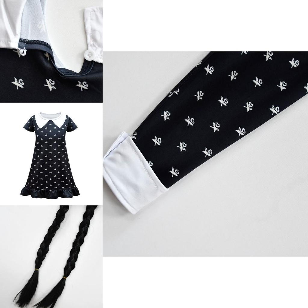 Wednesday Addams Dress Wig Cosplay Costume For Kid Girl Halloween Xmas Party