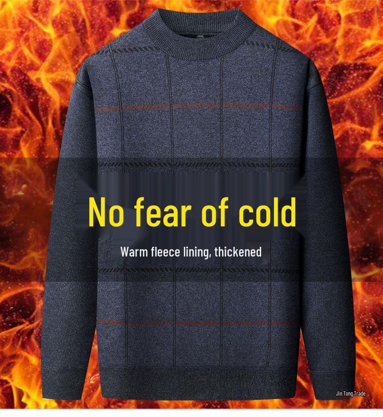 Dad's Warm Plaid Sweater for Middle-Aged & Elderly Men 50s 60s - Plus Velvet, Thick, Round Neck, Autumn & Winter Base Layer.