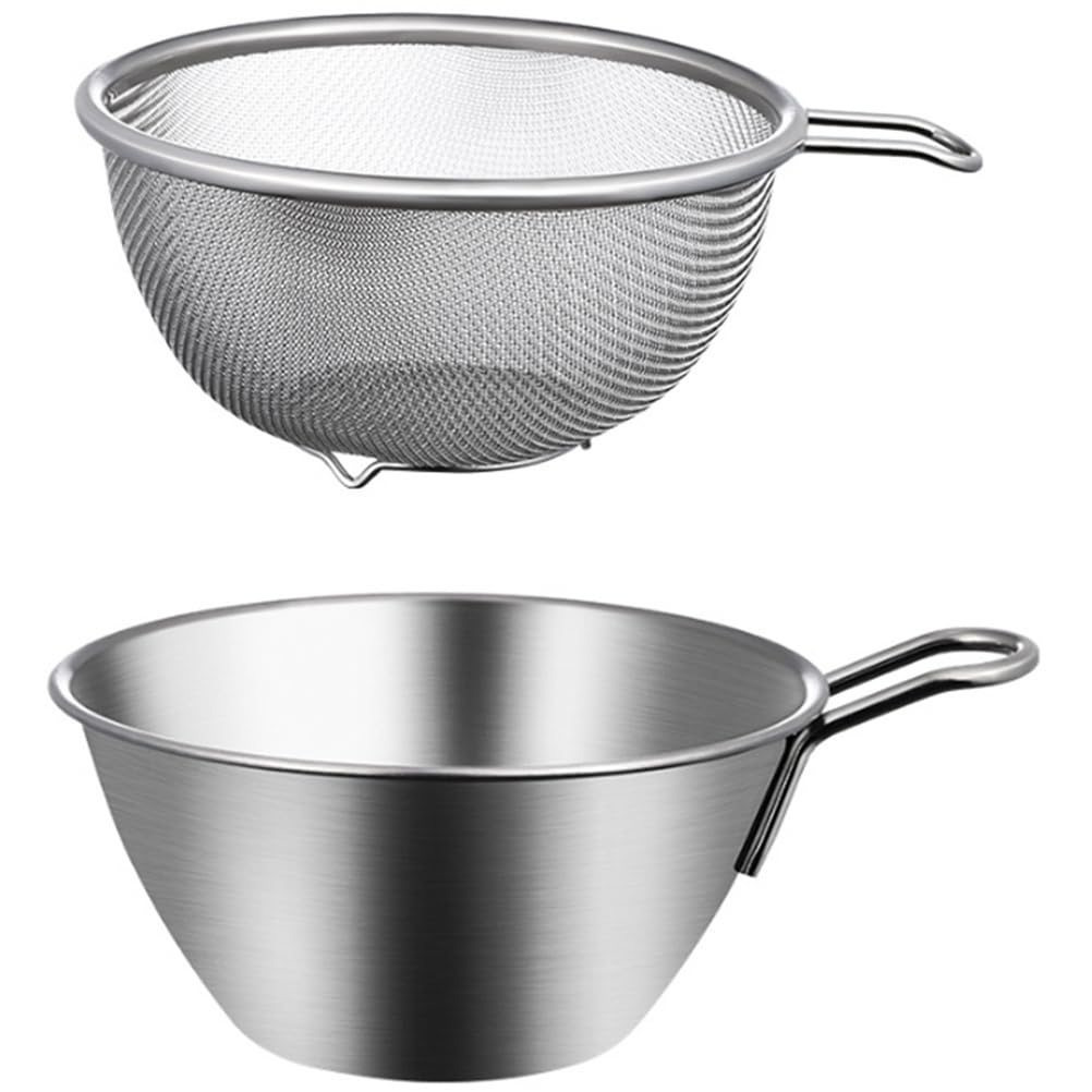 OUNONA Stainless Steel Colander and Bowl Set with Handles, Deep, Egg Beater, Cream Whisk, Salad Mixer, Rinse Rice, Strainer, Basket for Fruits and