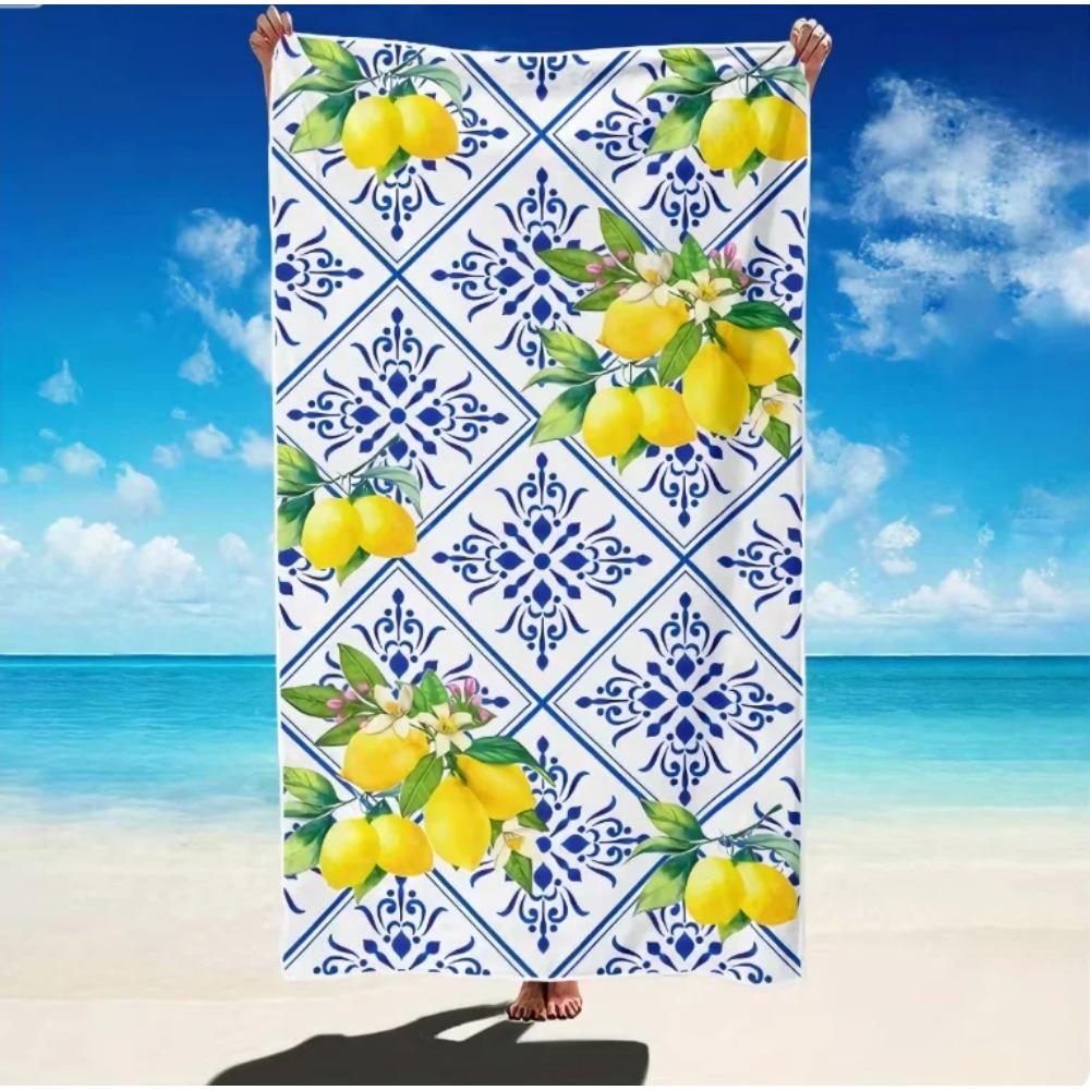 Mediterranean Lemon Print Beach Towel, Microfiber Large Sand Free Quick Dry, Blue Tile Pattern, Soft Absorbent Beach Towel