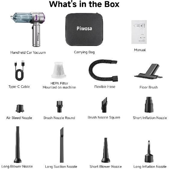 Handheld Vacuum Cordless, Car Vacuum Cleaner with Brushless Motor, Strong Suction Vacuum & Compressed Air Dusters with LED Light, Type C Port,