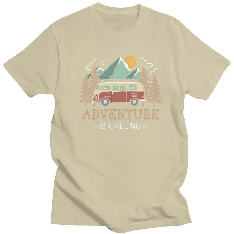 Male Happy Camping Mountains Adventure Is Calling T Shirts Short Sleeves Cotton Tshirts Anniversary Birthday Gift Casual Tees