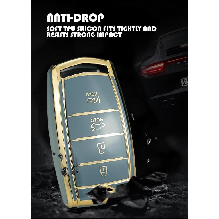 SANRILY Golden-Edge 4 Button Key Fob Cover Fit for Genesis G70, G80, G90 2017-2020 Keyless Full Coverd Smart Key Case with Leather Keychain Black