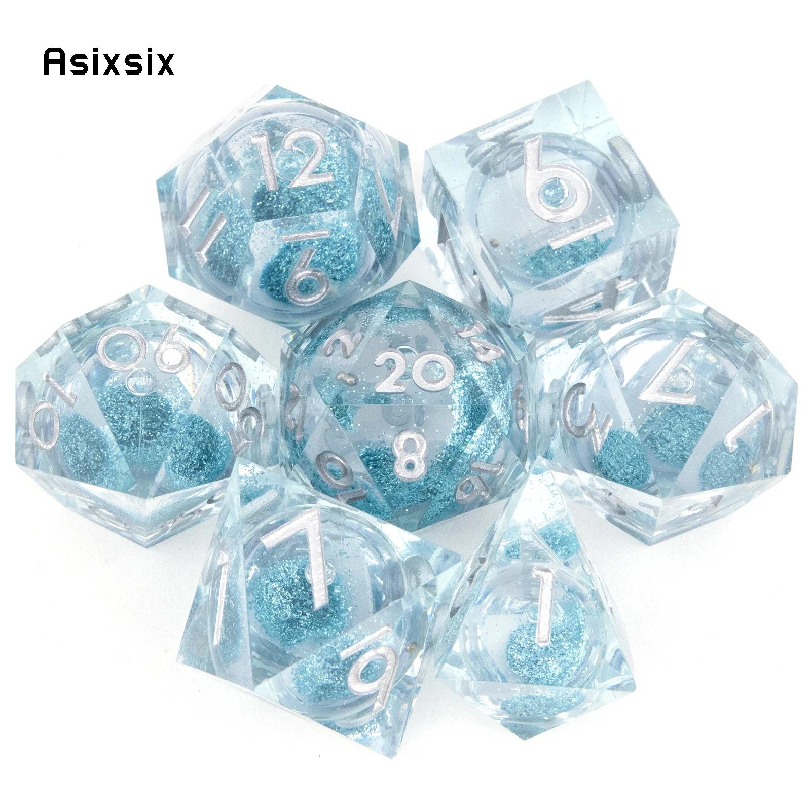 7 Pcs Transparent Blue Resin Flowing Sand White Number Sharp Edge Dice Polyhedral Dice Suitable For Dice PropBoard Game