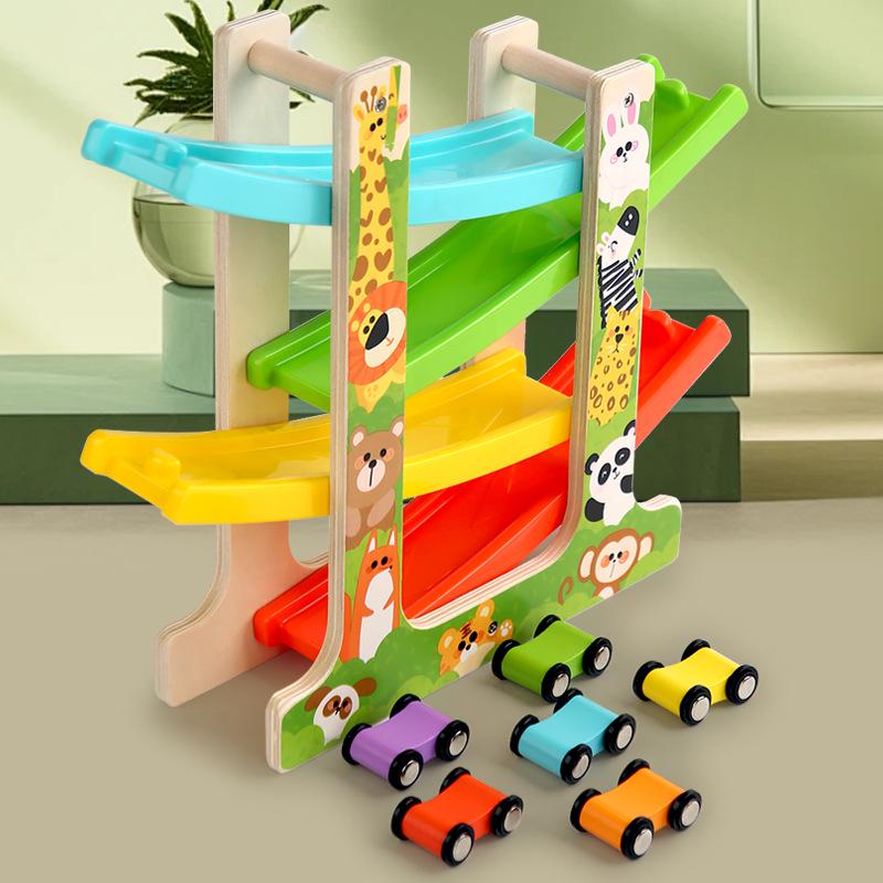 Inertial Glider Wooden Track Set for Toddlers - Early Education Puzzle & Car Parking Game for Ages 1-3