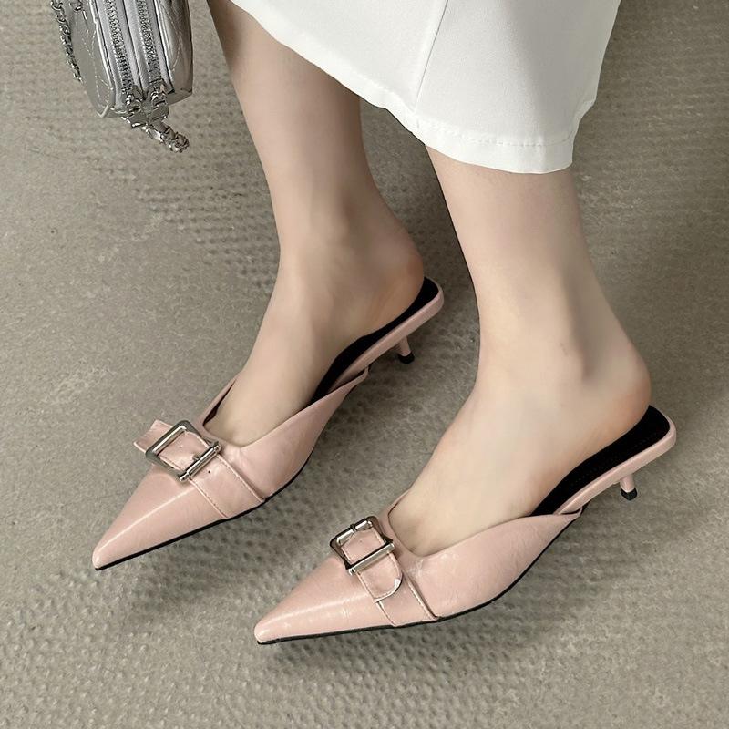 

Уличные тапочки весна новые тонкие каблуки сумка голова высокие каблуки женские летние остроносые сандалии 39 розовый