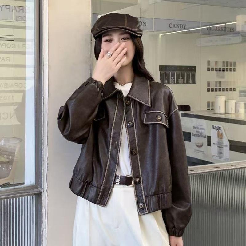 2025 Women's Retro Distressed Leather Jacket - Spring/Autumn Short Style with Motorcycle Lapel