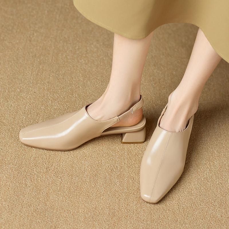 Fashion NEW Spring/Summer Women Sandals Split Leather Shoes for Women Square Toe Chunky Heel Shoes Concise Cover Toe Slingback Sandals
