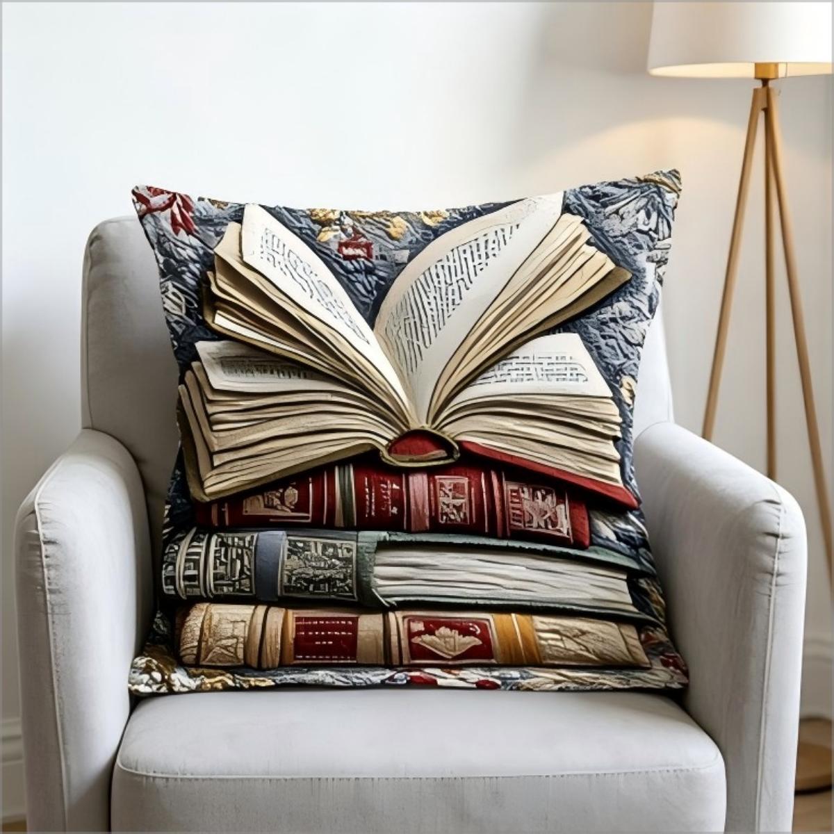 Exquisite Ornaments Unisex Double Sided Vintage Stacked Books Throw Pillow Cover 2D Effect Print Decorative Cushion Cover For Home Decor