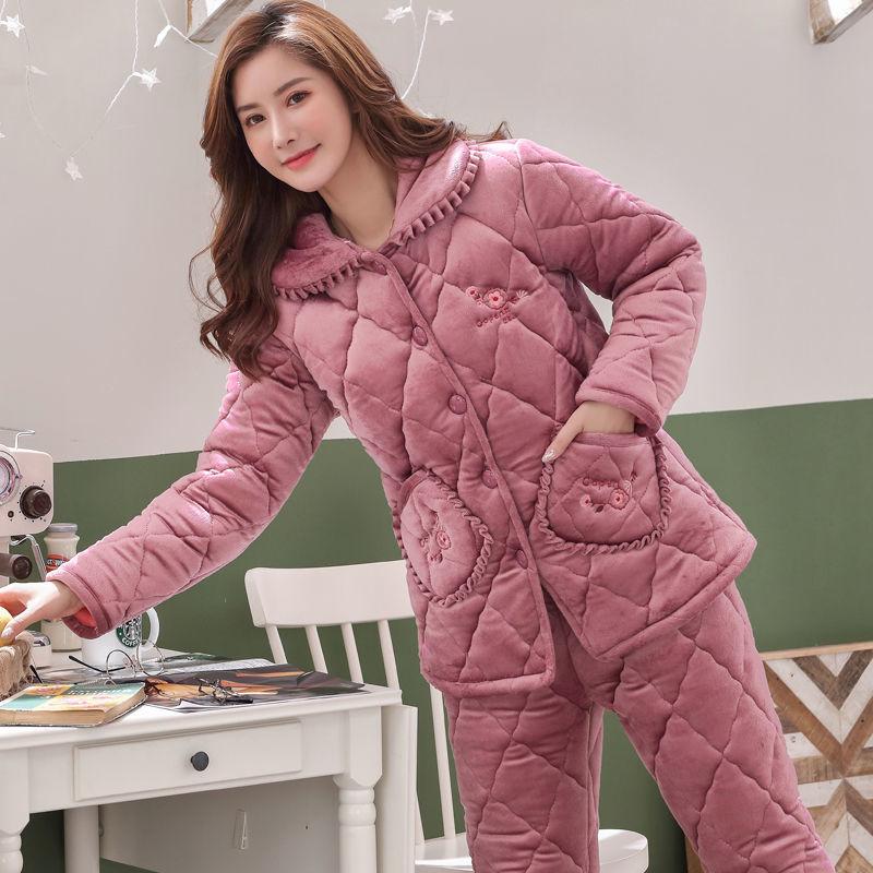 Damen Winter Korallfleece Gesteppter Pyjama - Dickes Flanell Warmes Hausanzug-Set für Mittelalte und Ältere Mütter