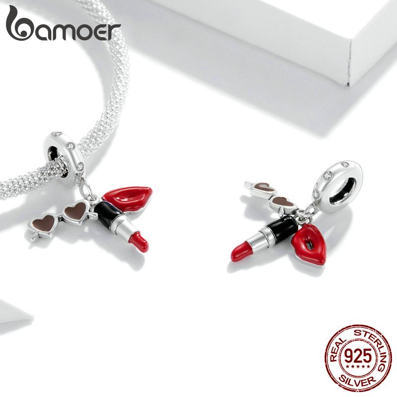 Bamoer 925 Sterlingsølv Utsøkt Elegant Liv Serie Sjarmperle Håndveske Leppestift og Solbriller Hatt Anheng for Originalt Armbånd DIY Smykker