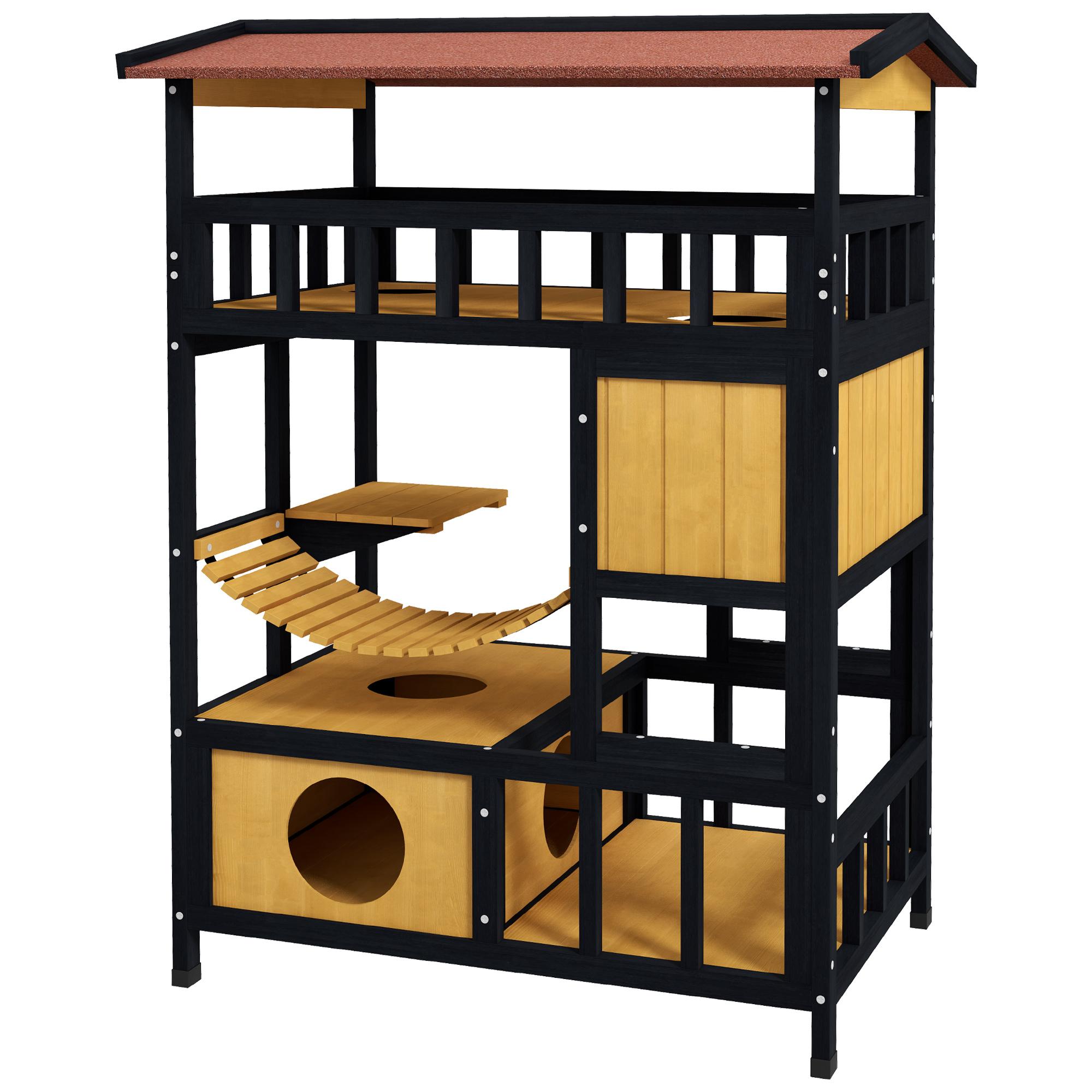 Abri pour chat d'extérieur à quatre niveaux en bois pour chat errant avec pont suspendu Maisons pour chats Portes d'évasion pour balcon
