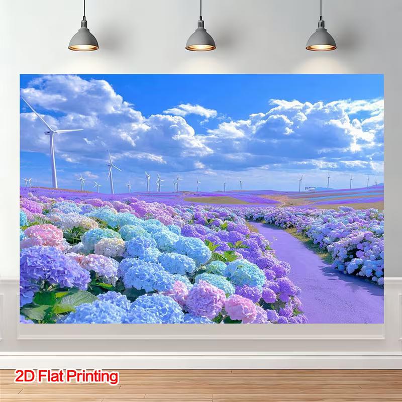 2D Dreamy Hydrangea Meadow Tapestry Vibrant Flower Path with Wind Turbines Wall Art 47.2x31.5inch/120*80cm