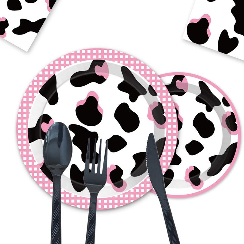 Pink Black Cow Birthday Party Tableware Disposable Paper Plate Paper Cup Paper Towel Children'S Birthday Party Supplies