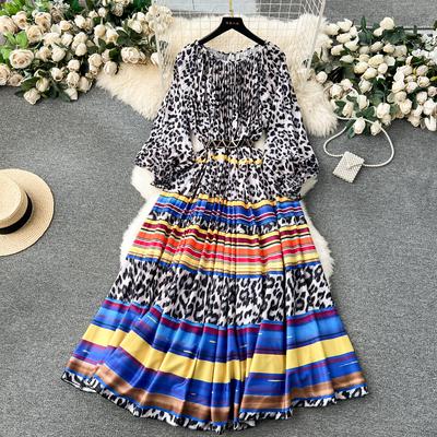 Vestido largo plisado con cuello redondo y estampado para mujer, vestido holgado de otoño con mangas largas tipo farol y estampado de gran tamaño