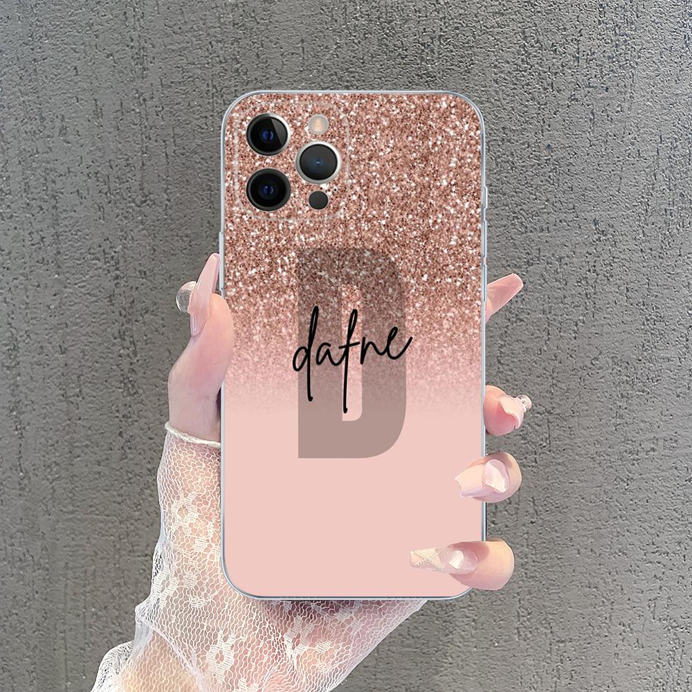Letter Pink Shiny M R Clear Phone Case For IPhone 15 14 13 12 Mini 11 Pro XS Max X XR SE 6 7 8 Plus Soft Silicone Cover