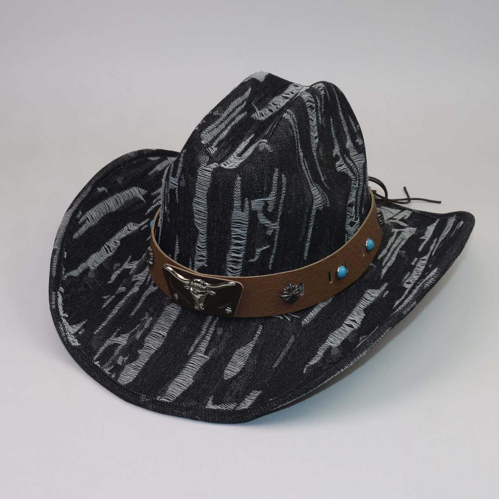 High Quality Personalized Western Cowboy Hat Fashion One-word Top Curved Brim Jazz Hat Cow Head Belt Accessories Top Hat