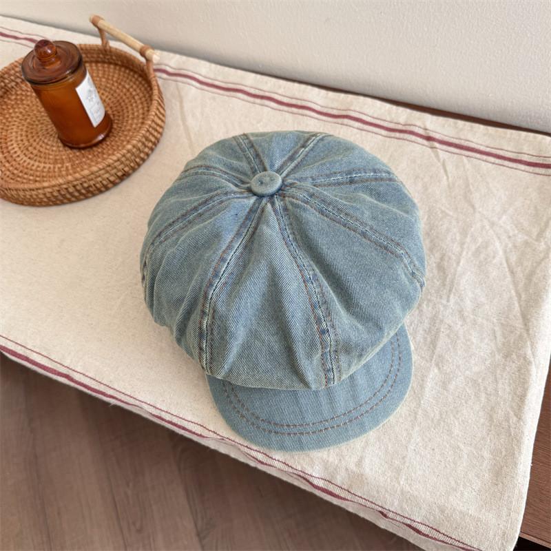 Large Head Circumference Denim Beret Hat Round Top Style With Short Brim Stylish Cloud Design Cap