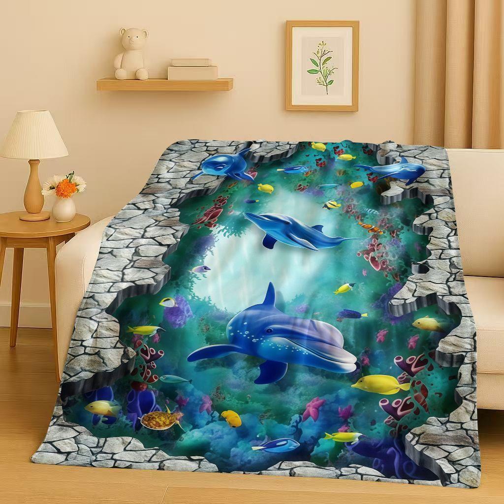 3D Illusion Underwater World Breaking Wall Art Flannel Blanket,Ultra Soft Warm Plush Throw for Home Bedroom Bed Sofa Cover Gift