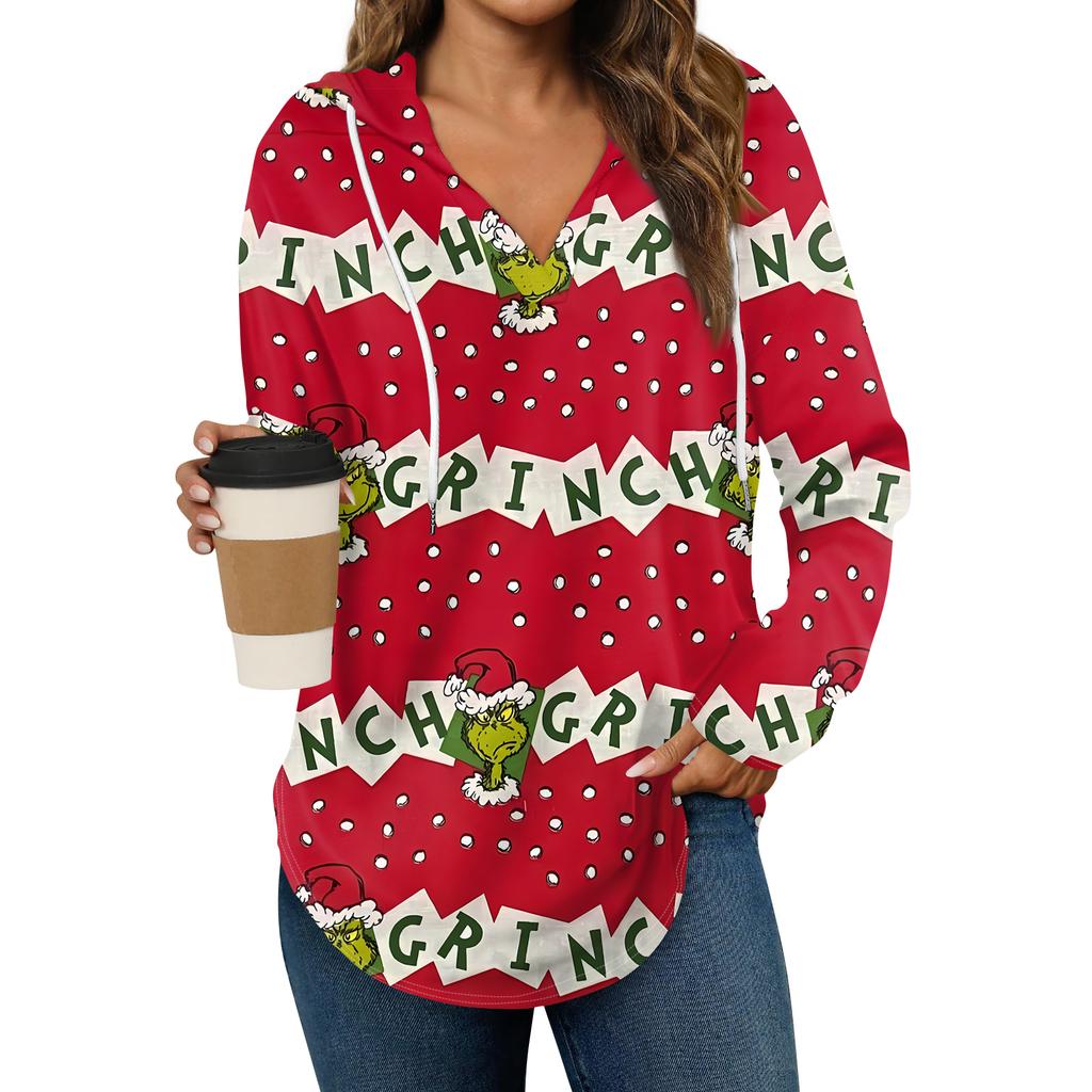Women's Fashion Hoodies V Neck Long Sleeve Christmas Printed Drawstring Casual Loose Pullover Tops