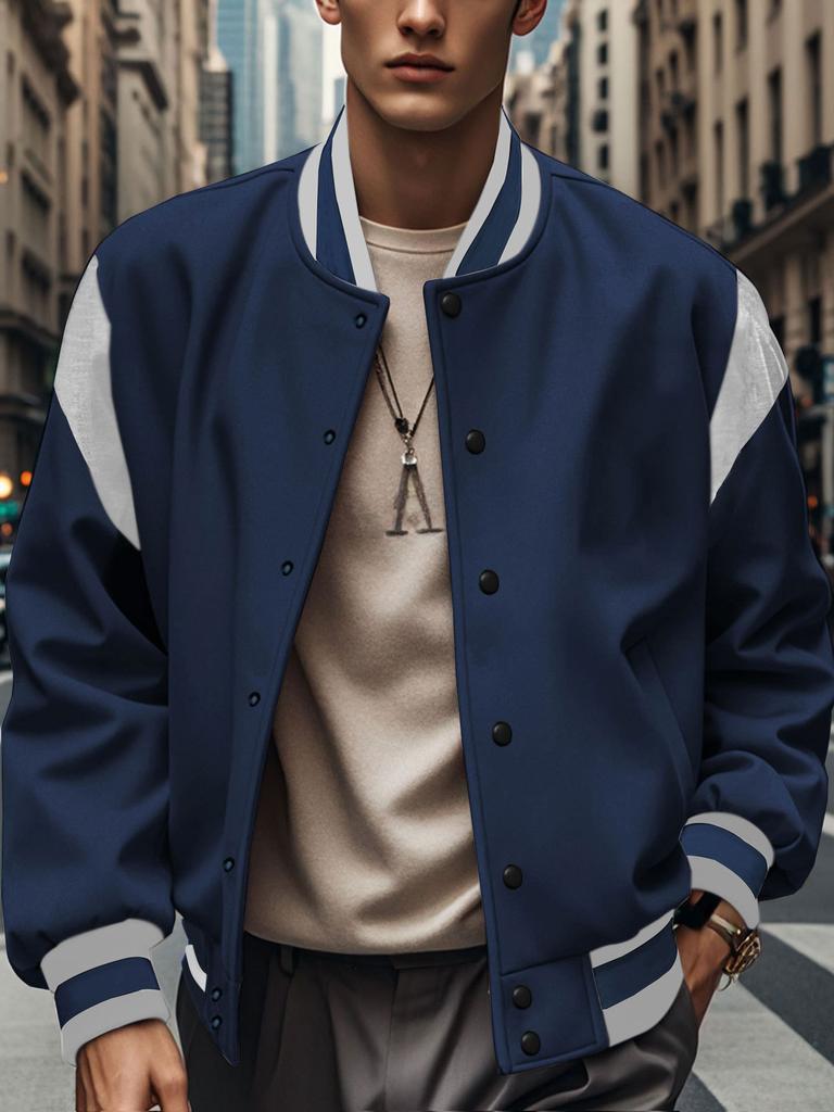 Men Color Block Varsity Bomber Jacket Button-Down Casual Outerwear